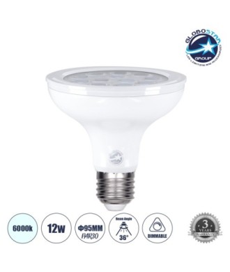 GLOBOSTAR® SPOTPAR 60090 Σποτ E27 PAR30 LED 12W 1200lm 36° AC 220-240V IP20 Ψυχρό Λευκό 6000K Dimmable - Μ9.5 x Π9.5 x Υ9.5cm - 3 Χρόνια Εγγύηση